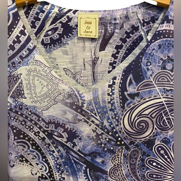 Jess & Jane Sz S Purple Abstract Pleated Bat Wing Sleeves Flowy Relaxed Fit Top - Picture 3 of 5